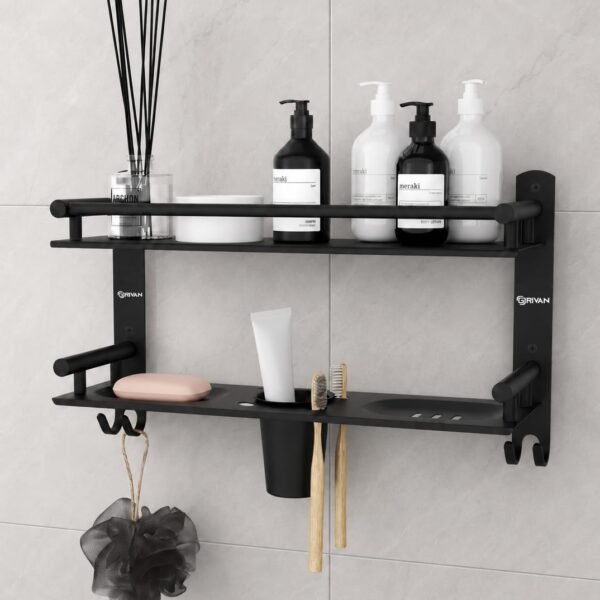 GRIVAN 5-in-1 Stainless Steel Bathroom Rack Shelf with Double Soap Dish, Toothbrush Holder & Hooks | Bathroom Organiser Stand (Black Matte, 2-Tier)