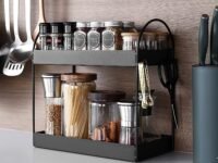 Go Hooked 2 Tier Kitchen Counter Organizer Rack 33x16.5x32 cm | Freestanding Metal Countertop Spice Rack & Pantry Storage Shelf | Bathroom Vanity Makeup Organizer | Rustproof Powder Coated Iron Black