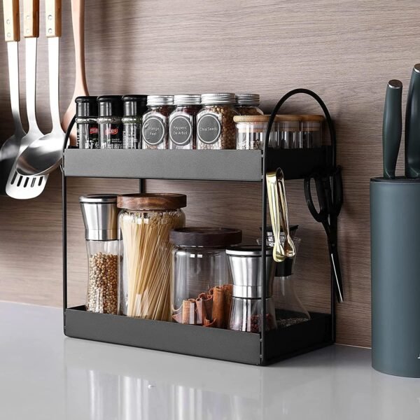 Go Hooked 2 Tier Kitchen Counter Organizer Rack 33x16.5x32 cm | Freestanding Metal Countertop Spice Rack & Pantry Storage Shelf | Bathroom Vanity Makeup Organizer | Rustproof Powder Coated Iron Black