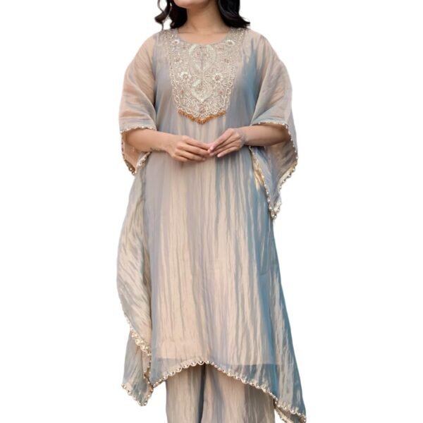 GoSriKi Women Roman Glass A-Line Kurta with Palazzo | Embroidered Kurta Set for Women | Round Neck A-Line Ethnic Kurta Palazzo Outfit for Casual Festive & Party