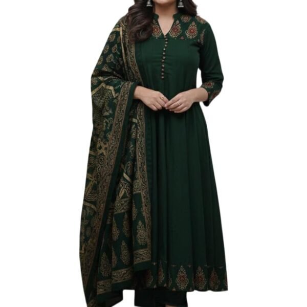 GoSriKi Women's Rayon Viscose Anarkali Printed Kurta Pant with Dupatta | Anarkali Kurta Set for Women | Flared Kurti Pant Set | Ethnic Printed Suit for Women