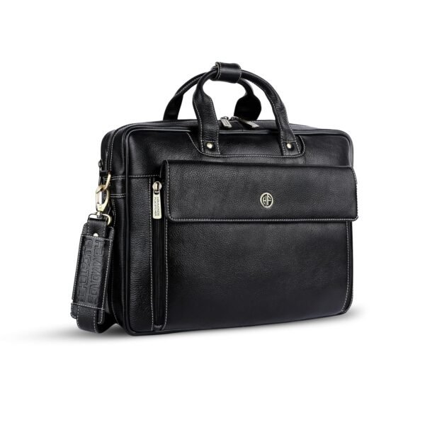 HAMMONDS FLYCATCHER Genuine Leather Office Bag for Men, 15.6" Professional Leather Laptop Bag for Men for Office, Travel, Daily Use, Adjustable Strap & Multi Compartments - 1 Year Warranty - Black