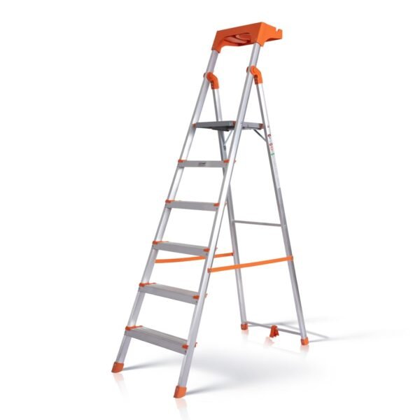 HOUZA Aluminium Ladder for Home 6 Steps Foldable with Tool Tray & Anti-Skid Wide Steps | 6 Step Ladder for Home Use, Kitchen & Household | 250 Kg Capacity Folding Ladder | 5 Year Warranty (Orange)