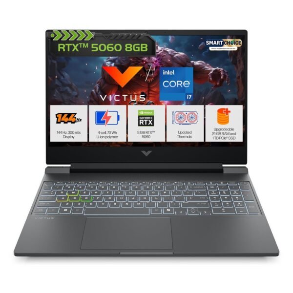HP Smartchoice Victus, 13th Gen Intel Core i7-13620H, 8GB RTX 5060, 24GB DDR5(Upgradeable) 1TB SSD, 144Hz, FHD, 15.6"/39.6cm, Win11, M365(1yr)*Office 24, Mica Silver,2.29Kg,fa2308TX, RGB Gaming Laptop