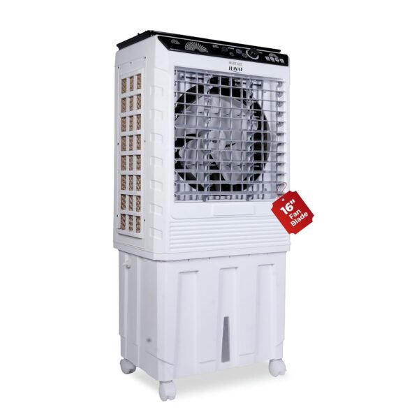 Havai Mighty 16 GT Glass Top Desert Air Cooler | 16 Inch Fan, 100L Tank, 5190 m³/hr Air Delivery | 350 Sq Ft Coverage | Honeycomb Pads, Aluminium Motor, Low Noise | White & Grey