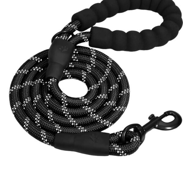Heavy Duty Dog Leash for Walking & Training 5ft | Reflective Rope Leash with Padded Handle | Anti-Pull Strong Dog Lead for Medium & Large Dogs | 360° Swivel Hook | Night Safety (Black, 5 FT)