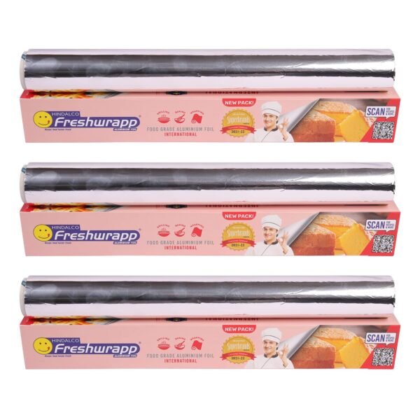 Hindalco Freshwrapp International Aluminium Foil 8 Meters, 18 microns (Pack of 3) |Food Packing, Wrapping , Storing , Serving and Cooking (Baking , Grilling , Roasting, Freezing)