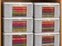 Homestrap Set of 6 Non-Woven Printed Saree Cover/Cloth Storage/Wardrobe Organizer For Clothes with Transparent Window (Grey)(Shark Tank Featured) 45cmx33cmx22cm