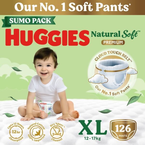 Huggies Natural Soft Premium Baby Diaper Pants, Our No.1 Soft Pants, Extra Large (XL) Size (12-17 Kgs), Sumo Pack of 126 diapers | Cloud Softness All over with India's 1st Cloud Touch BeltTM (42 Count, Pack of 3)