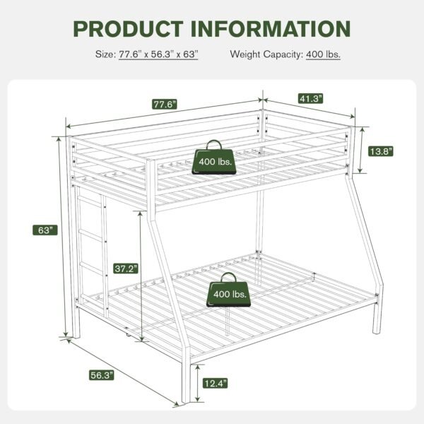 IMUsee Twin Over Full Bunk Bed Frame with Ladder, Metal Bed Frame with Full-Length Guardrail, Space-Saving Design, No Box Spring Needed, Noise Free, Matte Black