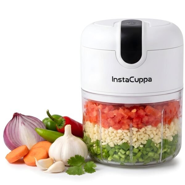 InstaCuppa Mini Electric Chopper for Kitchen, 50% Longer Use 1800 mAh Battery Onion Cutter, USB-C Garlic Mincer for 50% Faster Charging, 45 W Fast Vegetables Chopping for Busy Moms, 250 ML