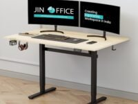 JIN OFFICE Octave Electric Height Adjustable Desk | Standing Desk, 80 Kg Wt. Cap, 2 Year Warranty| Sit Stand Table with Cup Holder, Memory Preset| Stability Crossbar| Maple 1500*750mm/25mm Thick Top