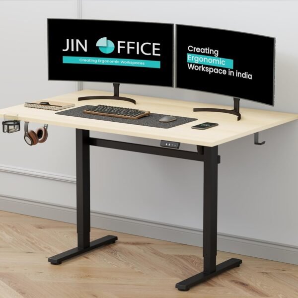 JIN OFFICE Octave Electric Height Adjustable Desk | Standing Desk, 80 Kg Wt. Cap, 2 Year Warranty| Sit Stand Table with Cup Holder, Memory Preset| Stability Crossbar| Maple 1500*750mm/25mm Thick Top