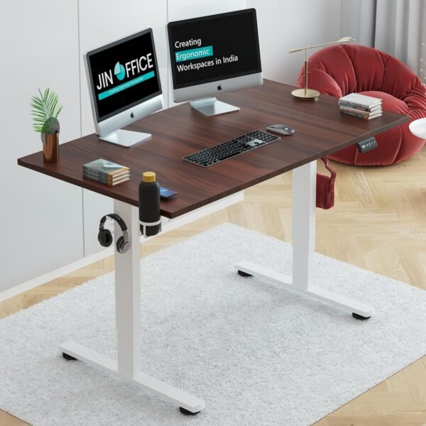 JIN OFFICE Octave Height Adjustable Table Electric | Standing Desk, 2 Year Warranty, 80 Kg Wt. Cap| Sit Stand Desk with Memory Preset, Cup Holder| Stability Crossbar| Brown 1200*750mm/25mm Thick Top