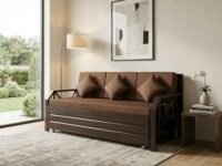 King Size 6X6 Metal Sofa Cum Bed with Hydraulic Storage - 3 Seater Brown (Matte Finish, Brown) 3-Person Sofa