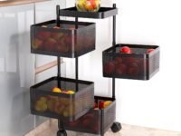 Kitchenwell Multi-Purpose Trolley Storage Organizer and Kitchen Accessories Items for Kitchen Storage Rack Square Design Fruits & Vegetable Onion Cutlery Matt Black 4 Layer Drawer
