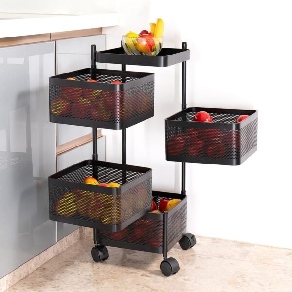 Kitchenwell Multi-Purpose Trolley Storage Organizer and Kitchen Accessories Items for Kitchen Storage Rack Square Design Fruits & Vegetable Onion Cutlery Matt Black 4 Layer Drawer