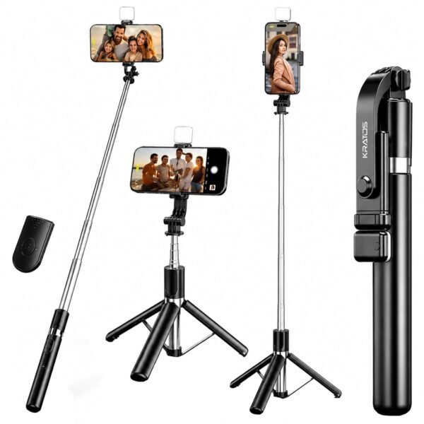 Kratos 2026, Premium K9 Selfie Stick Tripod with Light, 67 inch /170CM Tripod for Mobile Phone, Multi-Functional Bluetooth Long Selfie Stick for Travel, Vlogging, Compatible with All Mobile Phones