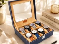 LEDO Luxury Watch Box Organizer with 8 Slots, PU Leather Case, Blue and Cream Interior, Transparent Display, Metal Clasp Lock, Rectangular Storage for Men and Women