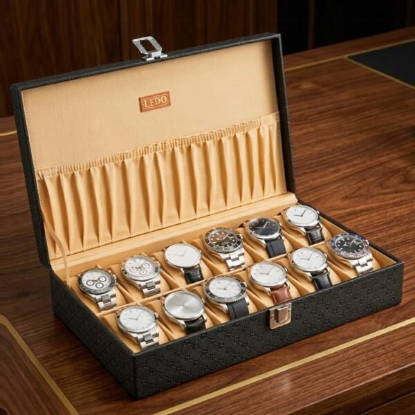 LEDO Men's and Women's Watch Box Organizer, Royal Black, 12 Slots