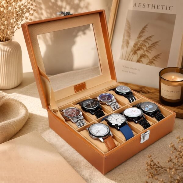 LEDO Watch Box Holder Organizer Case in 8 slots of Watches with Transparent Look Tan & Cream color Velvet
