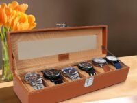 LEDO Watch Box Organizer, 6 Slot Storage Case with Clear Transparent Top, Tan PU Leather with Cream Velvet Interior, Metal Clip Lock, Rectangular