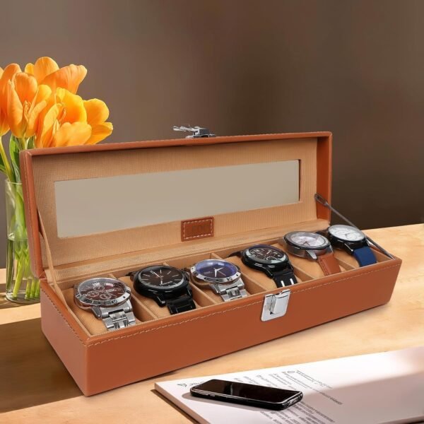 LEDO Watch Box Organizer, 6 Slot Storage Case with Clear Transparent Top, Tan PU Leather with Cream Velvet Interior, Metal Clip Lock, Rectangular