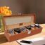 LEDO Watch Box Organizer, 6 Slot Storage Case with Clear Transparent Top, Tan PU Leather with Cream Velvet Interior, Metal Clip Lock, Rectangular