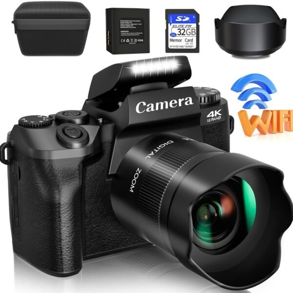 LEQTRONIQ Digital Camera, 4k Cameras for Photography & Video, 64MP WiFi Touch Screen Vlogging Camera for YouTube with Flash, 32GB SD Card, Lens Hood, 3000mAH Battery, Front and Rear Cameras - Black