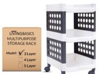 LIVINGBASICS 3 Layer Multipurpose Plastic Storage Rack/Stand Organizer with Wheels, Space-Saving Utility Trolley for Kitchen/Vegetable/Bedroom/Bathroom/Living Room/Office/Kids Toys (White-Grey)