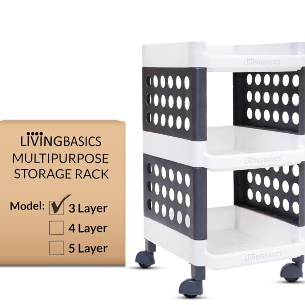 LIVINGBASICS 3 Layer Multipurpose Plastic Storage Rack/Stand Organizer with Wheels, Space-Saving Utility Trolley for Kitchen/Vegetable/Bedroom/Bathroom/Living Room/Office/Kids Toys (White-Grey)