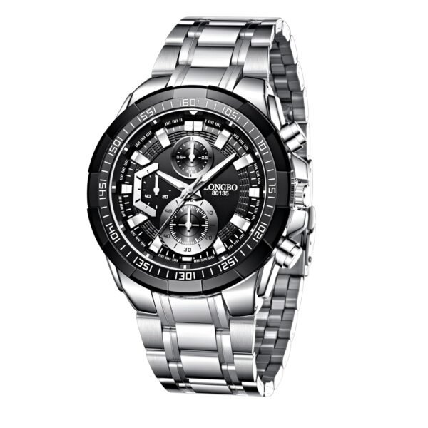 LONGBO Black Business Casual Stainless Steel Decorative Subdials Big Blue Dial Scratch Resistant Waterproof Analog Watch for Men and Boys