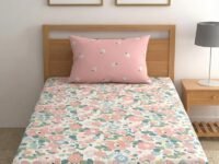 LOOMLYFE 300 TC Cotton Feel Glace Elastic Fitted Printed Single Bed Bedsheet With 1 Pillow Cover Fits Upto 6 Inches Mattress,Size- 42X75X8 Inches, Pinkflower, Smallsingle