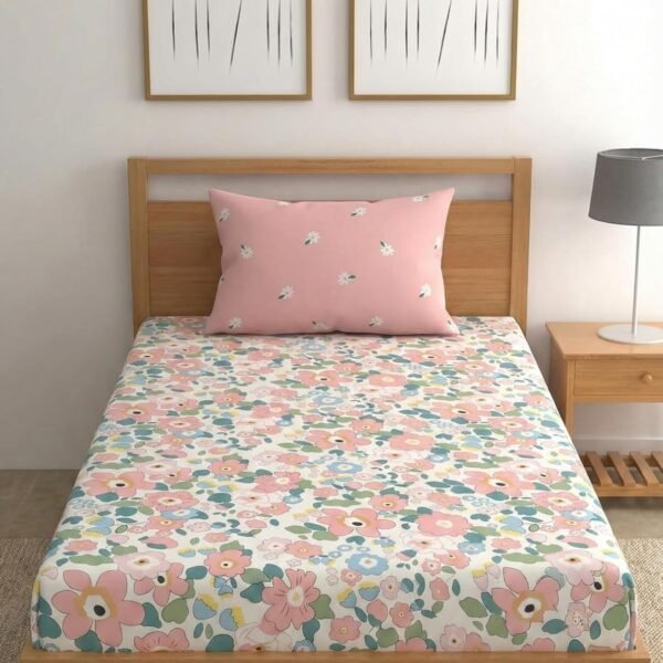 LOOMLYFE 300 TC Cotton Feel Glace Elastic Fitted Printed Single Bed Bedsheet With 1 Pillow Cover Fits Upto 6 Inches Mattress,Size- 42X75X8 Inches, Pinkflower, Smallsingle
