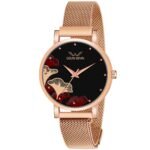 LOUIS DEVIN Rose Gold Plated Mesh Chain Analog Wrist Watch for Women (Black/Blue/Rose Gold Dial) | RG162