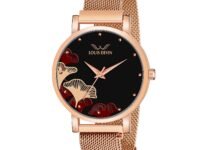 LOUIS DEVIN Rose Gold Plated Mesh Chain Analog Wrist Watch for Women (Black/Blue/Rose Gold Dial) | RG162