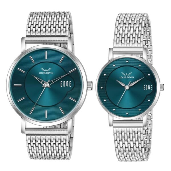 LOUIS DEVIN Stainless Steel Chain Analog Wrist Watch for Men and Women (Green/Brown/Blue/Black Dial) | Set of 2 Wrist Watches | Couple Watches | LDCM-WT092-CH