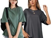 London Hills Women's Cotton Loose Casual Round Neck Solid, Drop Shoulder T-Shirt Pack of 2