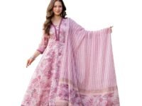 MANHAREE Women's Cotton Anarkali Pink Kurta Pant with Dupatta Set