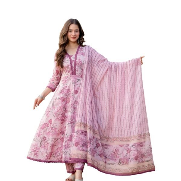 MANHAREE Women's Cotton Anarkali Pink Kurta Pant with Dupatta Set