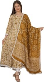 Meera Fab Women's Cotton Printed Blue Anarkali Kurta With Palazzo & Dupatta