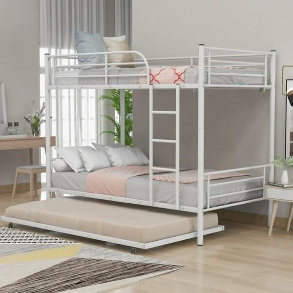 Metal Bunk Bed Twin Over Twin Size, Heavy Duty With Safety for Junior/Adults, White