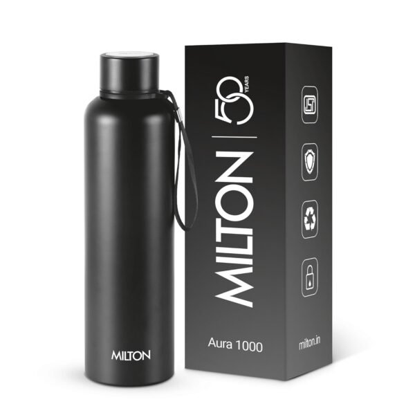 Milton Aura 1000 Thermosteel Water Bottle, 24 Hr Hot and Cold I Leak Proof Lid, ISI Certified I Vacuum Insulated I for Office, Gym, School I Black