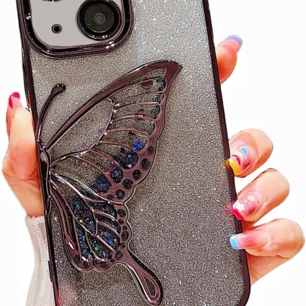 Mobistyle Designed For Iphone 14 Cover With Luxury Glitter Cute Butterfly Plating Design Aesthetic Women Teen Girls Back Cover Cases For Iphone 14 (Butterfly | Black) - Silicone