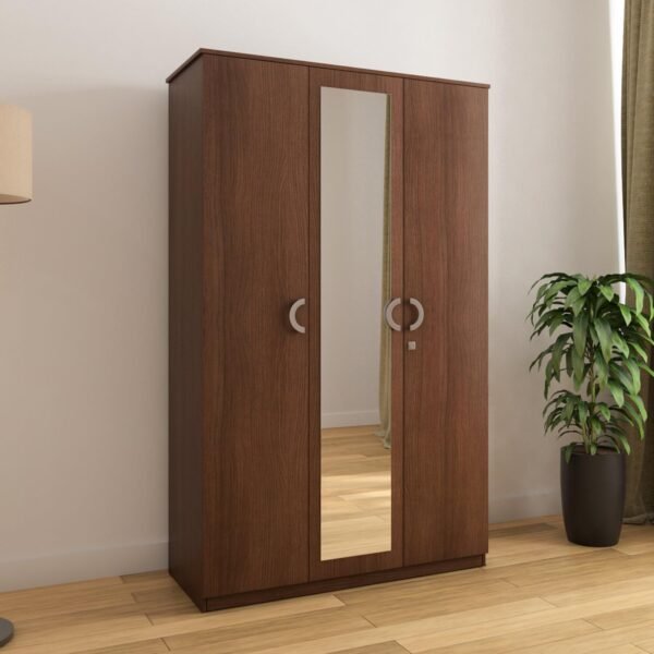 Nilkamal Massif 3 Door Wooden Wardrobe with Mirror for Bedroom | Almirah with 1 Hanging Rod & 8 Shelves | Clothes Cupboard | Engineered Wood | Legno Oak