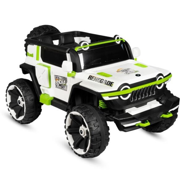 Norman Jr Battery Operated 4x4 ATV Runs on Garden & Sand Surface |Jeep Toy with Remote+Steering+RGB Light+Mp3 USB Music | Rechargeable Car for Kids to Drive 3to12 Years | XXXLarge Bumper- Green&White