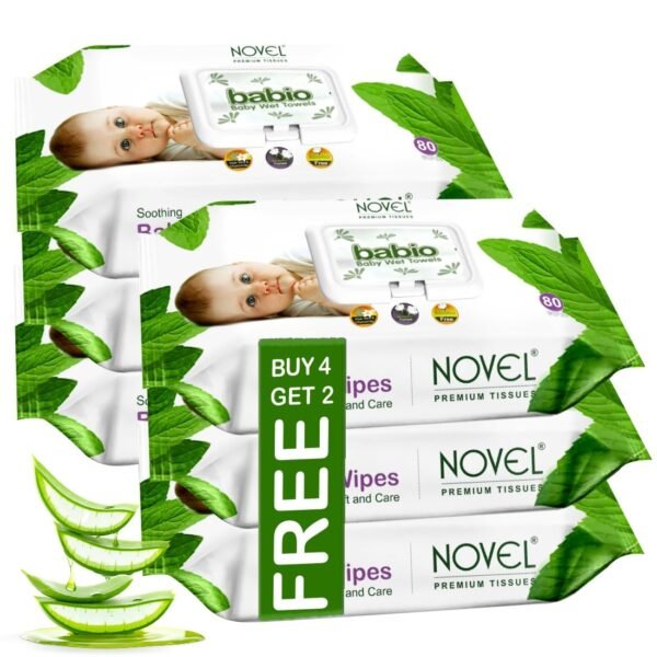 Novel Baby Wet Wipes 80 Wipes x Pack of 6 (480 Wipes) | Aloe Vera, Chamomile, Vitamin E Enriched | pH Balanced, Alcohol, Hypoallergenic & Paraben-Free | Soft Gentle Baby Wipes with Lid