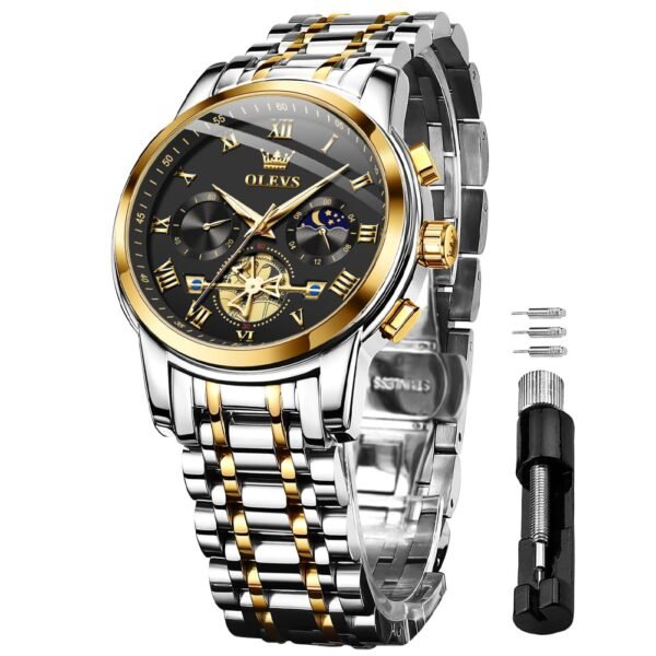 OLEVS Watches for Men Chronograph Business Wrist Watches Analog Quartz Moon Phase Stainless Steel Waterproof Luminous Dress Watches