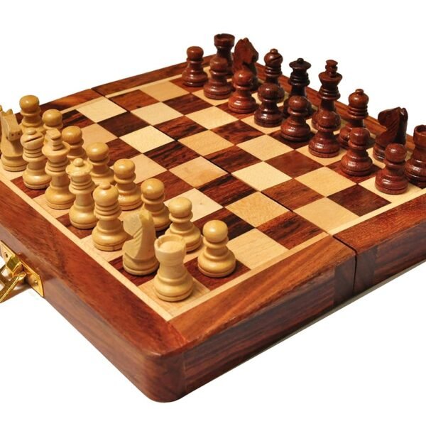 PALM ROYAL HANDICRAFTS Very Small Size Wooden Handmade Foldable Magnetic Chess Board Set with Magnetic Pieces and Extra Queens for Kids and Adults (7.5x7.5 Inches, Brown)