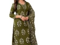 PARTHVI Women's Pure Cotton Printed Straight Kurta Set with Palazzo Pants & Dupatta- Ethnic Wear, Green